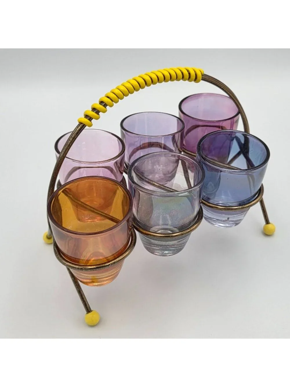 1950s Harlequin Shot Glass Set with Wire Holder Vintage MCM Barware